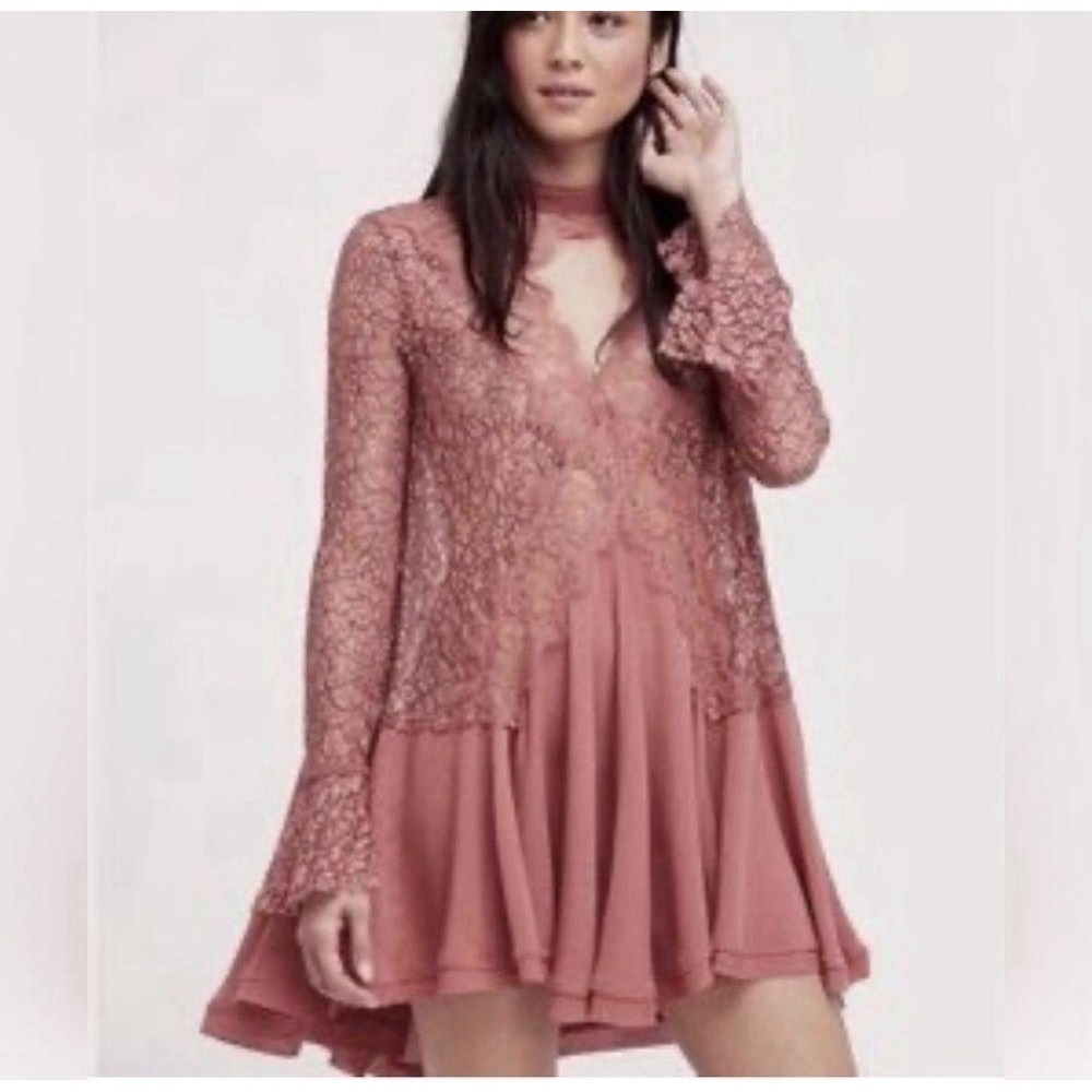 NWT'S Free People Tell Tale Lace Tunic Mini Dress Dusty Mauve Pink - Picture 1 of 11
